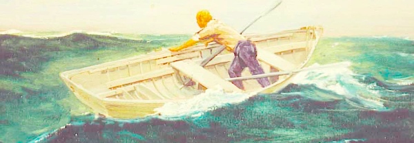 Man in rowboat, battling with the incoming water